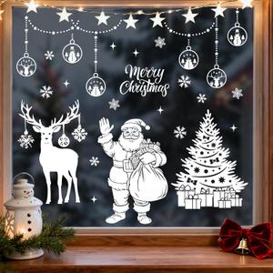 Mfault Merry Christmas Santa Claus White Window Clings 4 Sheets, Xmas Tree Reindeer Snowflake Ornament Ball Stickers Decals Decorations, Winter Holiday Gifts Home Kitchen Decor