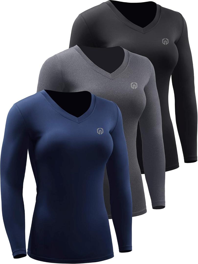 NELEUS Women's 3 Pack Compression Shirts Long Sleeve Yoga Athletic Running T Shirt (V-neck: Black/Grey/Navy Blue,3 Pack)