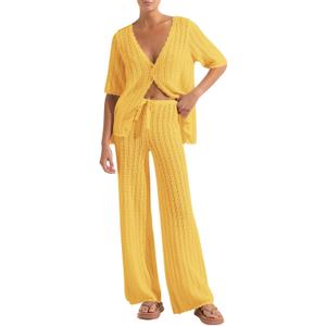 Imily Bela Women's Summer 2 Piece Swimsuit Cover up Crochet Knit Cardigan Tops Long Pants Set Bathing Suit Beach Outfit (Medium, Yellow)