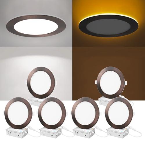 ZYC Recessed Lighting 6 Inch - 12W 1100LM LED Recessed Ceiling Light with Night Light,2700K/3000K/4000K/5000K/6000K Selectable Ultra-Thin Lighting, Dimmable Canless Wafer Downlight, Pack of 6 (Bronze)