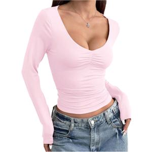 SOLY HUX Women's Ruched Tops V Neck Long Sleeve Tee Slim Fitted Dressy Casual T Shirts (Pink, M)