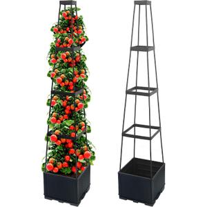 2 Packs Raised Garden Bed Tomato Planter Box with Trellis,56.8" Self-Watering Tomato Cage with Trapezoidal Trellis for Climbing Plants Flowers Vegetables Vine in Patio Garden Indoor Outdoor, 4 Tiers-56.8"