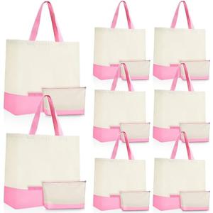 Sanwuta 16 Pcs Canvas Tote Bags Bulk with Zipper Cosmetic Pouch 18.5" Reusable Cotton Shopping Bag with Handle for DIY Craft (Pink)