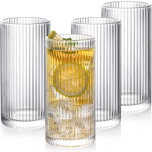 Drinking Glasses with Origami Style Set of 4 Glass Cups, 12 oz Ribbed Glassware, Highball Glass Cups, Elegant Art Deco Ripple Vintage Glassware, Juice Glasses, Ideal for Cocktail, Beer