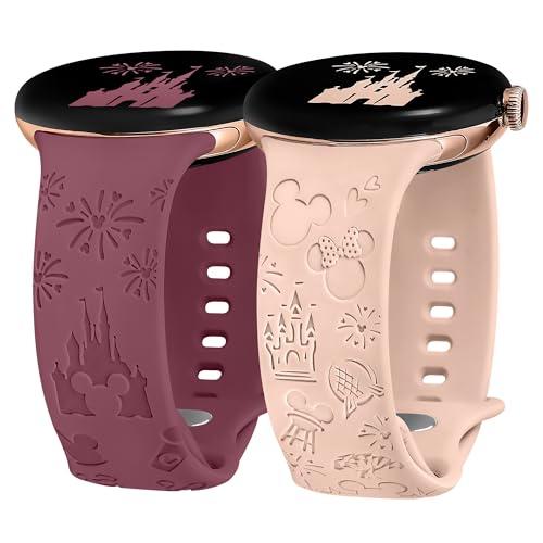 Girovo 2 Packs Cartoon Engraved Bands Compatible with Google Pixel Watch 4/3 41mm/2/1 Band Women, Cute Designer Soft Silicone Sport Straps Wristbands Replacement-Pink & Smoke Violet