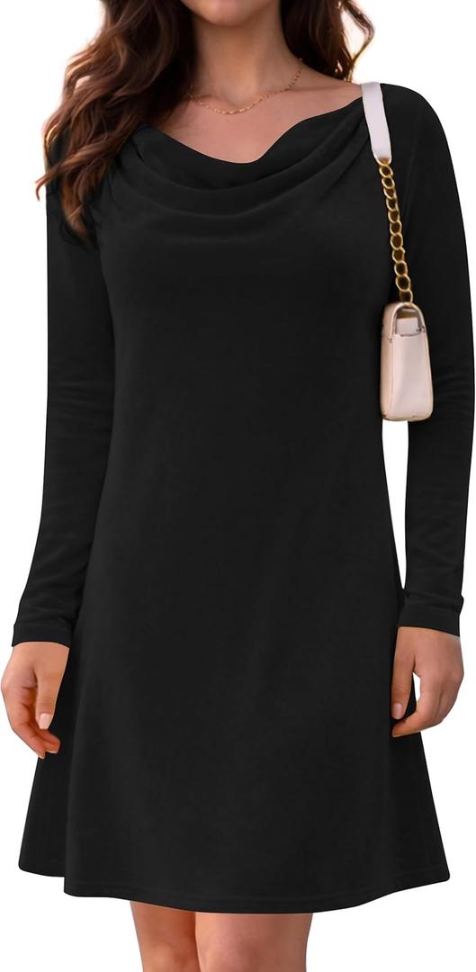 Womens 2026 Velvet Cowl Neck Long Sleeve Mini Dress - Elegant Christmas Party Cocktail Dress for Fall Winter (Black, L)