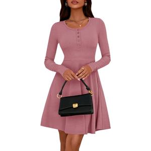 BTFBM Casual Fall Dresses for Women 2025 Long Sleeve Ribbed Button Down Empire Waist A Line Winter Wedding Guest Dress (Brown, XXL)