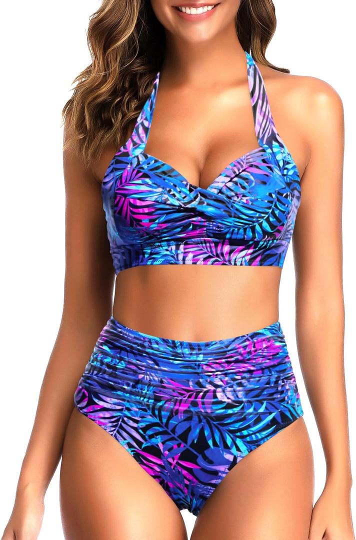 Tempt Me Women Two Piece Vintage Swimsuit Retro Halter Ruched High Waist Bikini with Bottom (Large, Blue Purple Leaves)