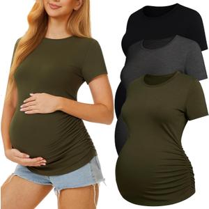 3 Pack Womens Maternity Shirts - Crew Neck Maternity Top Short Sleeve Pregnancy Tee Shirts (XX-Large, Black/Army Green/Dark Grey)