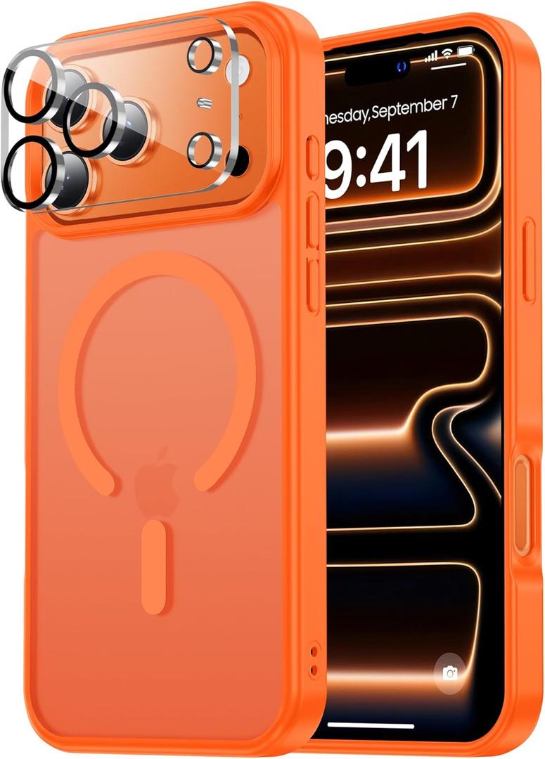 3 x Magnetic for iPhone 17 Pro Max Case Fits MagSafe Camera Len Protector*1 16FT Drop Resistant Matte Skin Feeling Back Cover Shockproof Slim Fit for iPhone 17 Pro Max Phone Case 6.9 inch,Orange