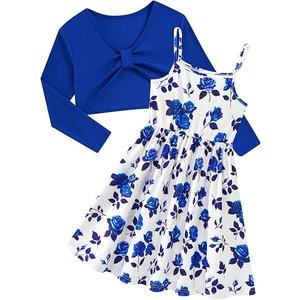 Girl's 2 Piece Outfit Printed Cami Dress with Long Sleeve Bow Crop Cardigan Set for 8 Years  
