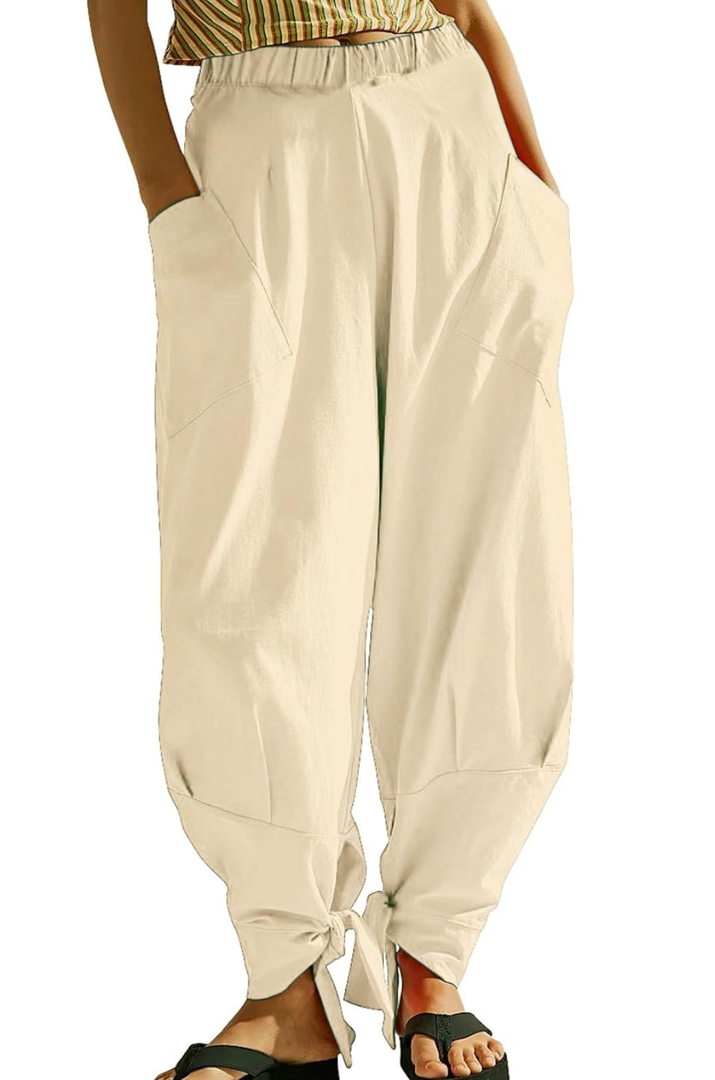 CHARTOU Women Tapered Wide Leg Lounge Pants Summer Harem Pants Elastic Waist Slacks Beach Baggy Pants Pockets, Color: Khaki, S