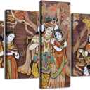 Radha Krishna Wall Decor for Living Room Watercolor Indian God Canvas Print 5 Piece Vintage Artwork Framed 60" Wx32 H