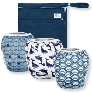 Nora's Nursery Reusable Swim Diapers and Wet Bag  One Size Fully Adjustable  Big Splash Unisex 3 Pack with Wet Bag