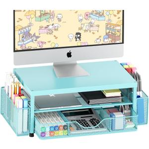 OPNICE Desk Organizers and Accessories, 2-Tier Computer Monitor Stand Riser with Drawer and 2 Pen Holders, Laptop Stand, Office Desk Accessories for Office Supplies, Teal Blue
