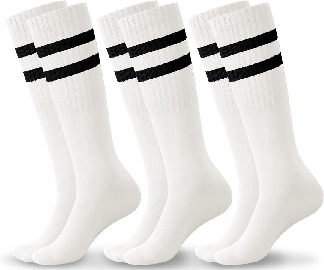 Haloumoning 3 Pairs Boys Soccer Athletic Socks Kids Striped Football Knee High Uniform Sports Tube Socks 4-15 Years (White)