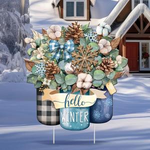Metal Winter Christmas Decoration Hello Winter Yard Sign Stake 14.2 Inch Snowflake Mason Jar Outdoor Yard Decor for Christmas Party Outside Lawn Decorations Garden Patio Walkway