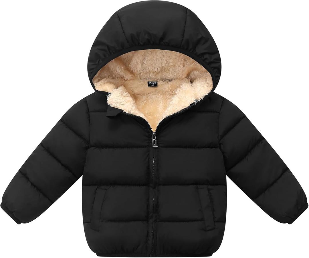 Kimjun Toddler Baby Hooded Puffer Jacket Boys Girls Kids Thicken Warm Winter Coat Fleece Outerwear Black 80
