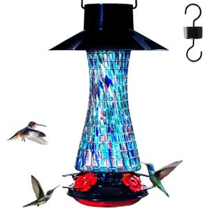 Muse Garden Solar Powered Hummingbird Feeder, 23oz Solar Lights Outdoor Garden Decor Ant and Bee Proof, Hand Blown Glass Lantern Gifts for Women Mom Birthday Unique, Blue