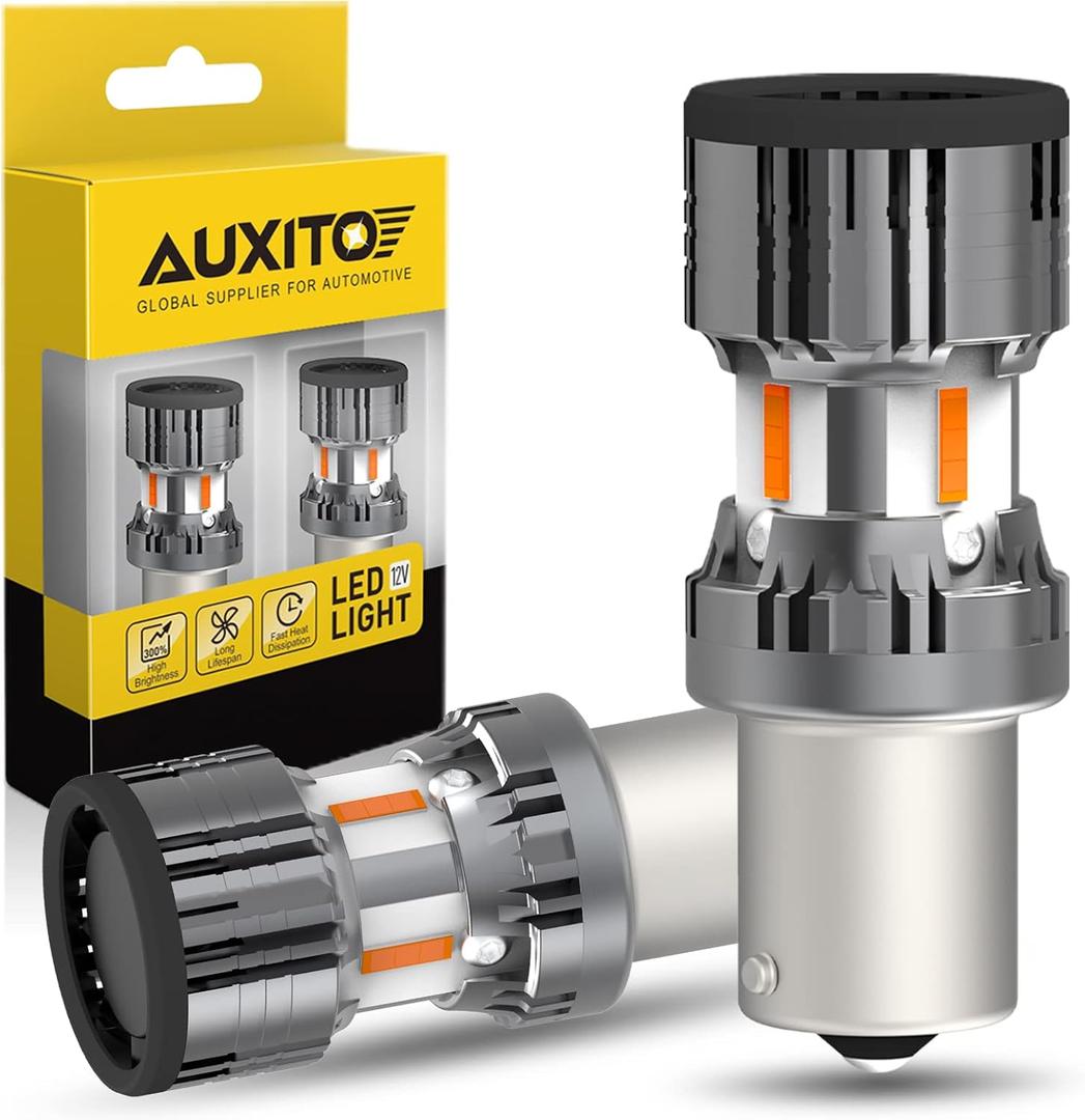AUXITO 2025 Upgraded 1156 LED Bulbs Turn Signal Light with Fan, 4000LM 600 Super Bright Amber Yellow, BA15S 1141 7506 1003 P21W 1156A Canbus Error Free LED Replacement Bulbs, Pack of 2