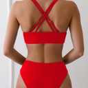 Fanuerg Women's Sexy V Neck Bikini Sets Hollow Out Two Piece Swimsuits Cutout Mid Waist Bathing Suit (Red, XS)