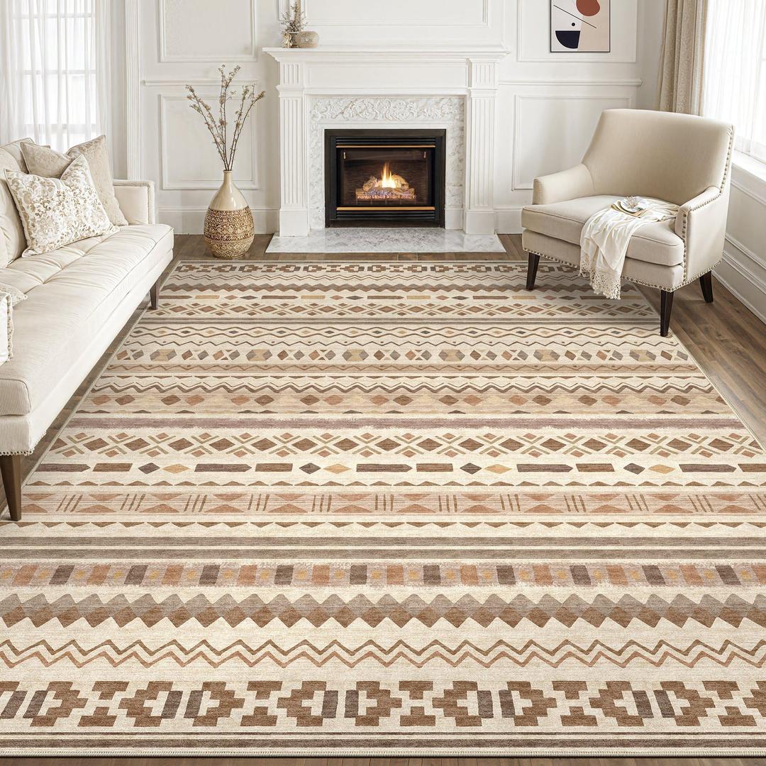 Tortania Area Rug Living Room Rugs - 9x12 Washable Large Soft Neutral Boho Moroccan Bohemian Farmhouse Rug Indoor Floor Carpet for Bedroom Under Dining Table Home Office Decor - Boho Brown