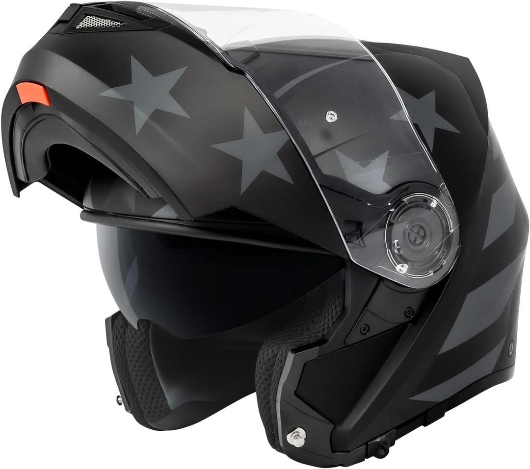 VCAN VX28 Full Face Modular Flip-Up Motorcycle Helmet DOT Approved, Coolmax Cheek Pad & OTG Ready (Large, Matte Black Star Stripe Silver)