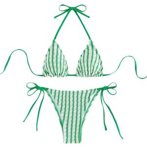 Women's Striped Halter Bathing Suit High Waisted Triangle Colorblock Swimsuit Bikini Set (Medium, Green)