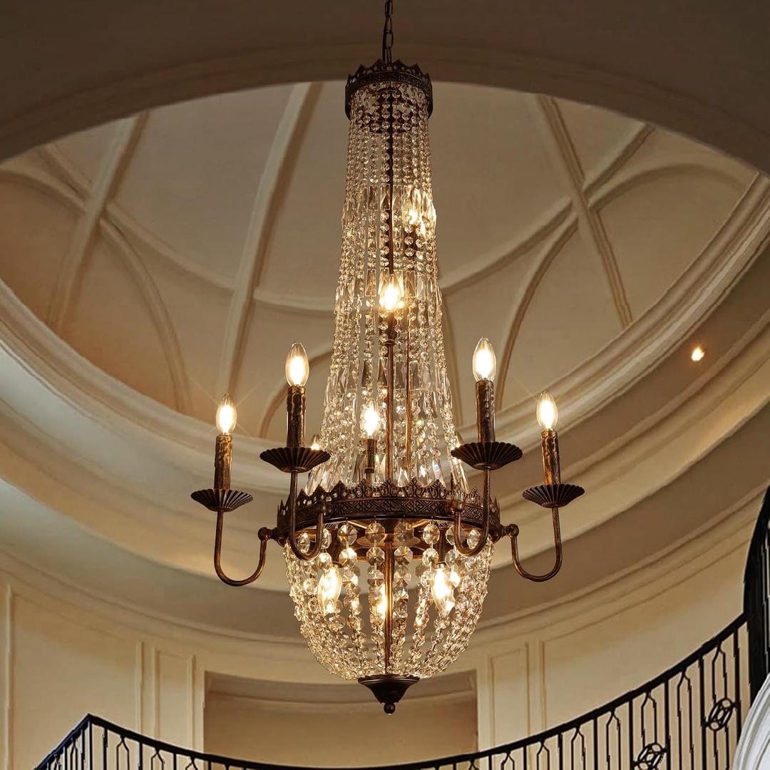 Wellmet French Empire Crystal Chandelier, 12-Light Vintage Crystal Chandelier, 25 Long Road French Farmhouse Pendant Light, for Foyer, Hallway, Dining Room, Entryway, Drawing Room