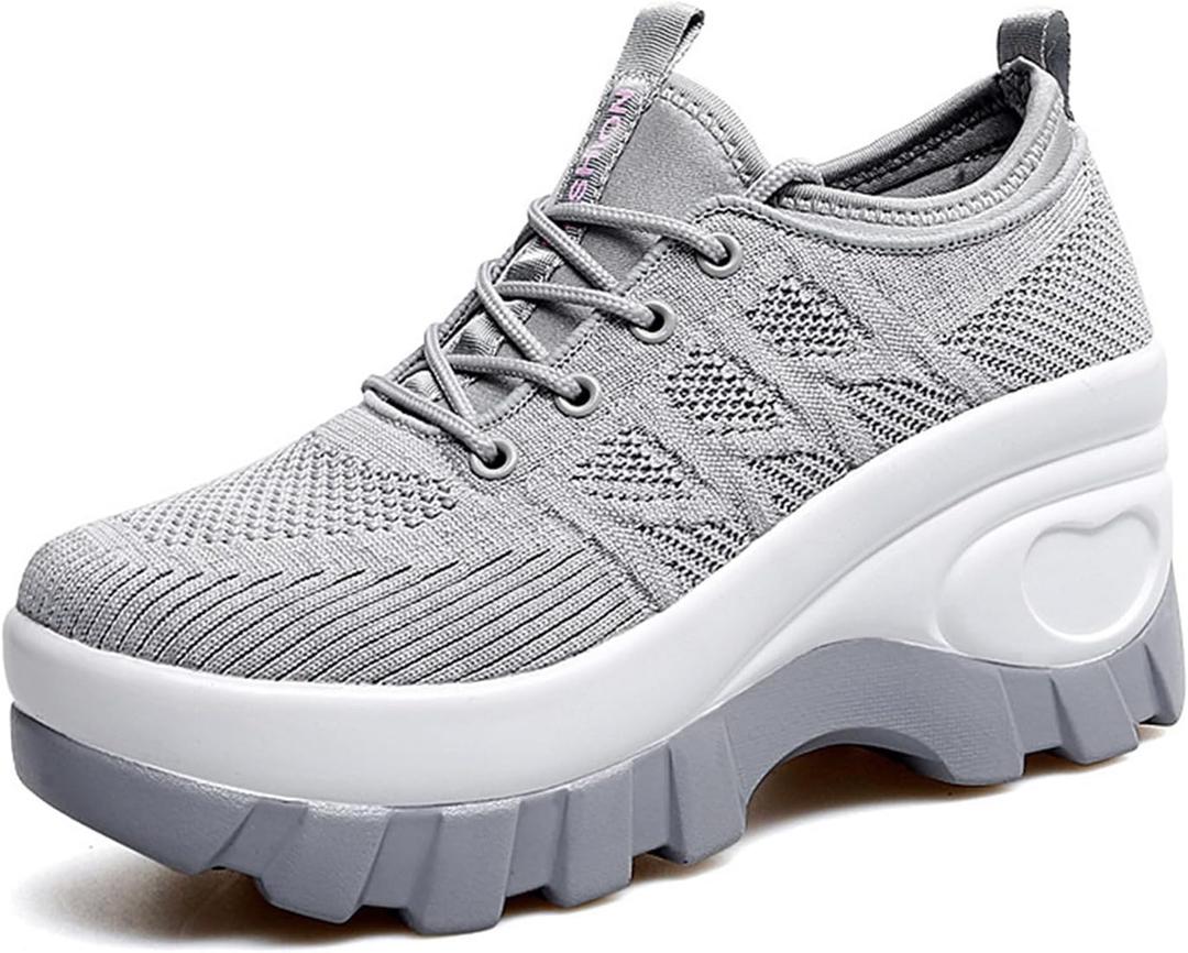 Women's Chunky Platform Comfort Orthopedic Wedge Walking Shoes Fashion Knitted Breathable Lace Up Lug Sole Casual Non-Slip Running Shoes with Arch Support, 8, Grey