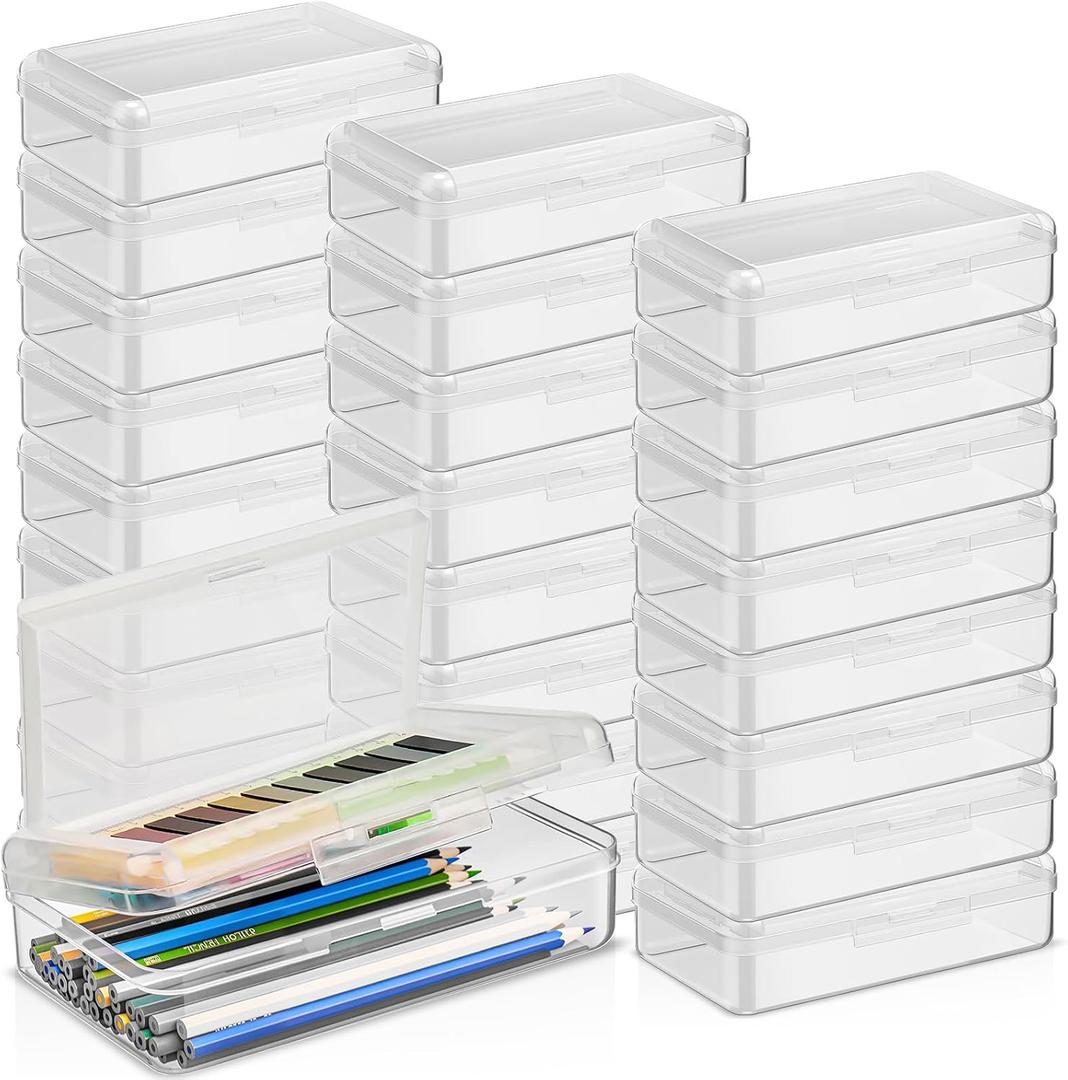 Blulu 25 Pack Double Layer Pencil Boxes Set, Large Capacity Plastic Pencil Cases with Snap-Tight Lid Plastic Pen Storage for Operation Christmas Donation Supplies Office Home(Clear)