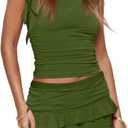 HESUUIO Women's Two Piece Skirt Set Summer High Waist Ruffle Y2K Mini Skirts Sleeveless Crop Tops Going Out Outfits (X-Small, Green)