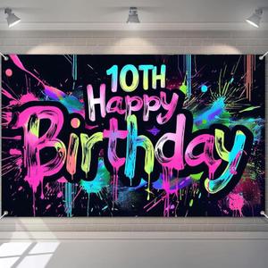 HOMETITUTE Neon 10th Happy Birthday Banner 71x43 Inch Paint Splatter Glow in The Dark Party Backdrop Colorful Wall Decor for Kids Boys Girls Tenth Birthday Celebrations Photo Booth Event Supplies