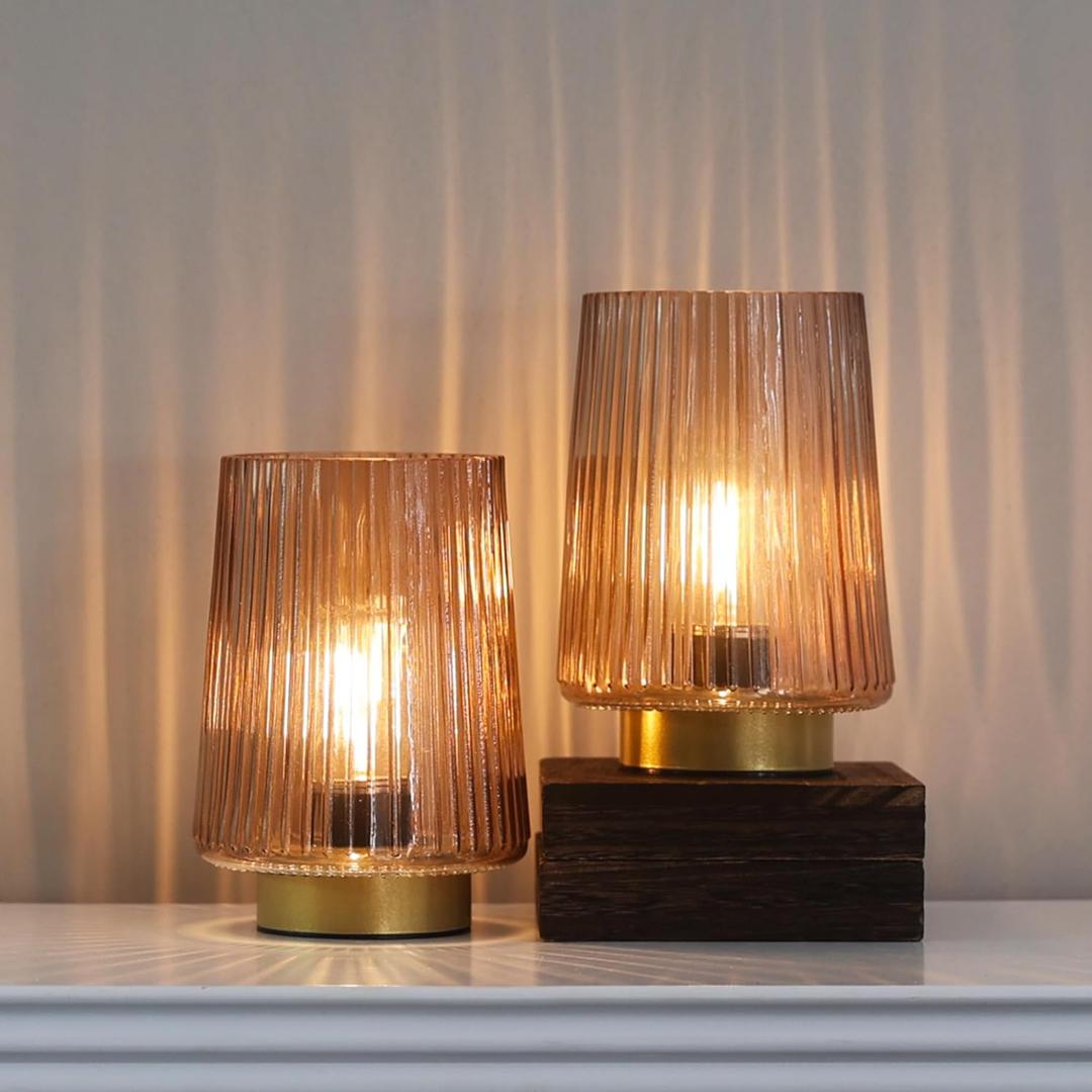 Battery Operated Lamp with Timer, Table Lamps for Bedroom, Cordless Battery Powered Lamp with LED Bulb, Decorative Beside Lamp for Living Room Bathroom Shelf Amber2Pack