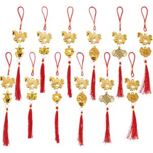 12 PCS 2026 Year of The Horse Chinese New Year Decorations,11.79 Inch Tassel Ornaments with Horse Feng Shui Lucky Charms for Cars Doors Windows Bonsais for Wealth Success Good Luck