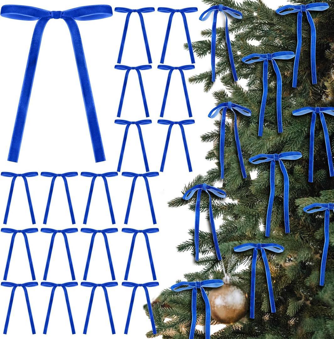 24 Pcs Velvet Bows Christmas Tree Ornaments Vintage Velvet Ribbon Bows for Tree Garland Wreath Indoor Xmas Decorations(5 x 7 Inch, Width of 3/8",Royal Blue)