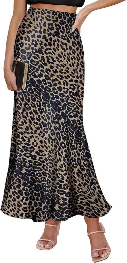 Amy Babe Satin Maxi Skirt Elastic High Waisted Silk A-Line Casual Elegant Flowy Long Skirts for Women (Brown, M)