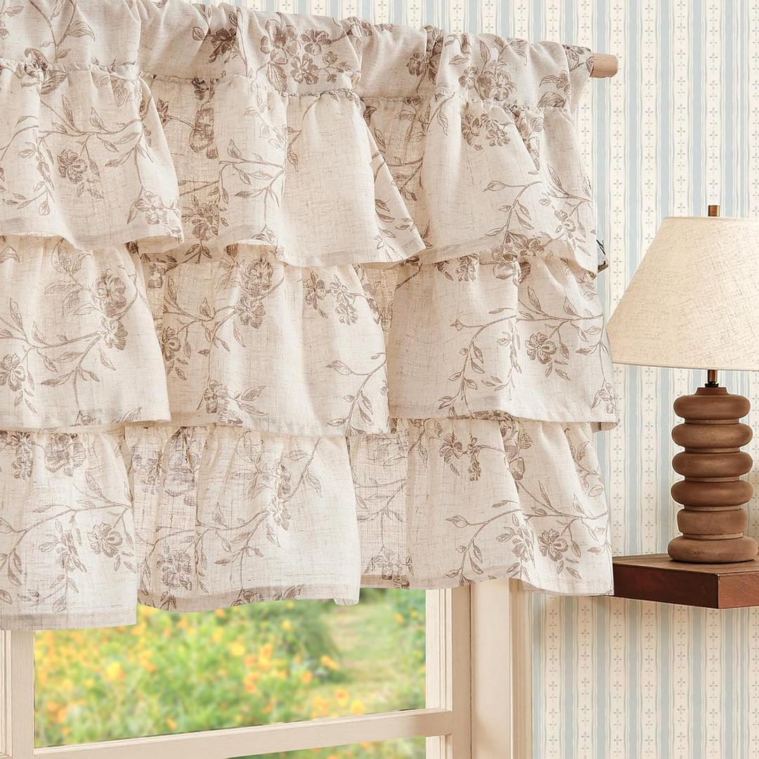 jinchan Ruffled Floral Valance Curtain Shabbychic Linen Window Valance 18 Inch Farmhouse Rustic Window Treatment for Kitchen Bedroom Living Room Rod Pocket 1 Panel Taupe on Linen