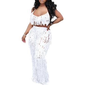 Tbahhir Sexy Women 2 Piece Vacation Outfits Crochet Bikini Coverups Beach Suits Halter Top Pants Sets Swim Pool Holiday (White, XXL)