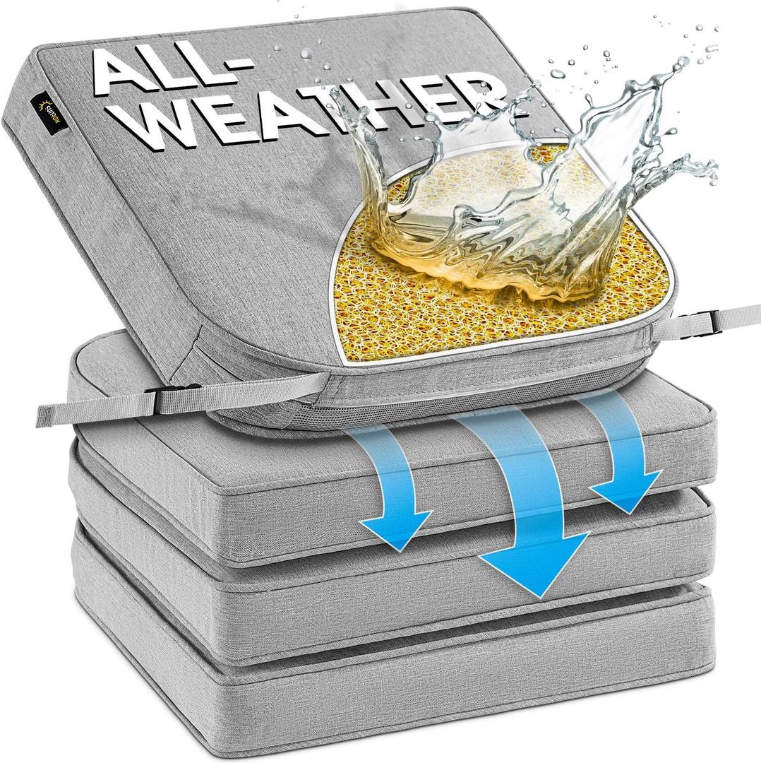 SUNROX DryFast Foam Outdoor Chair Cushion with DryMesh Drainage, All-Weather FadeShield Water Resistant Patio Furniture Cushions, Ultra Durable Patio Chair Cushions 17"x16", 4 Pack Heather Grey