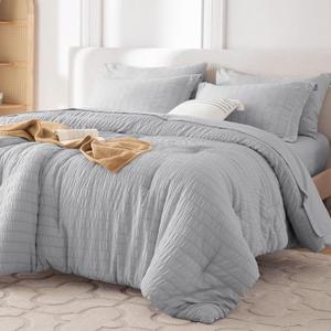MUXHOMO 7 Pieces King Comforter Set, Seersucker Bed in a Bag King Size, All Season Luxury Bedding Set with Comforter, Flat Sheet, Fitted Sheet, Pillowcases & Shams, Light Grey (King (104"x90"))