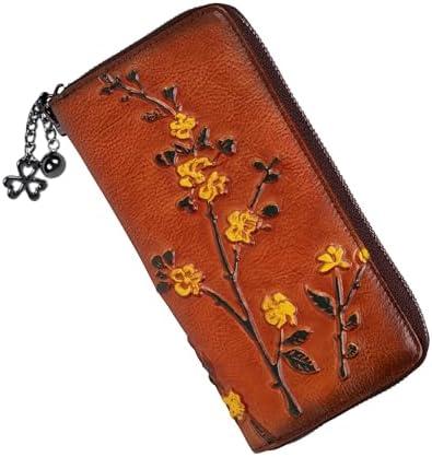 SHARPAD Wallet Genuine Leather for Women - with RFID Blocking Card checkbook ID Slot Large Capacity Vintage style (flower brown)