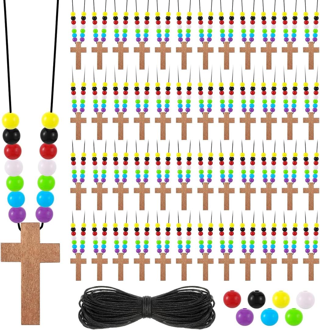 Kathfly DIY Wood Cross on Cord Pendant Necklace Sunday School Crafts for Kids Wood Cross Necklace with Colorful Beads Religious Party Favor for Vbs Church Easter Gifts