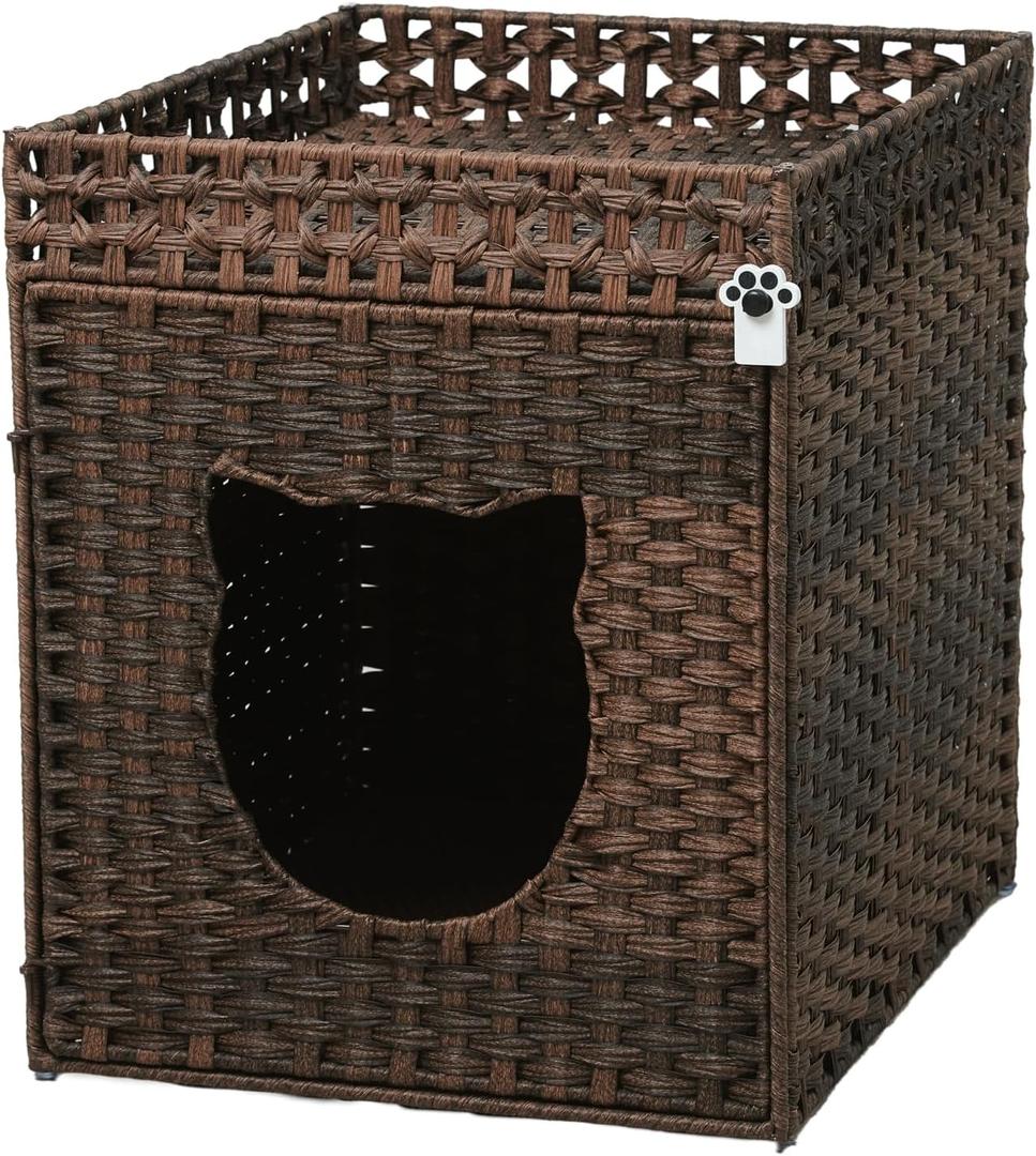 Handwoven Rattan Cat Litter Box Enclosure for Large Litter Boxes, Includes 1 Litter Mat & 2 S-Hook Attachments, Furniture-Grade Hidden House for Living Room, Bedroom, 24.6"x24"x19.88" Brown