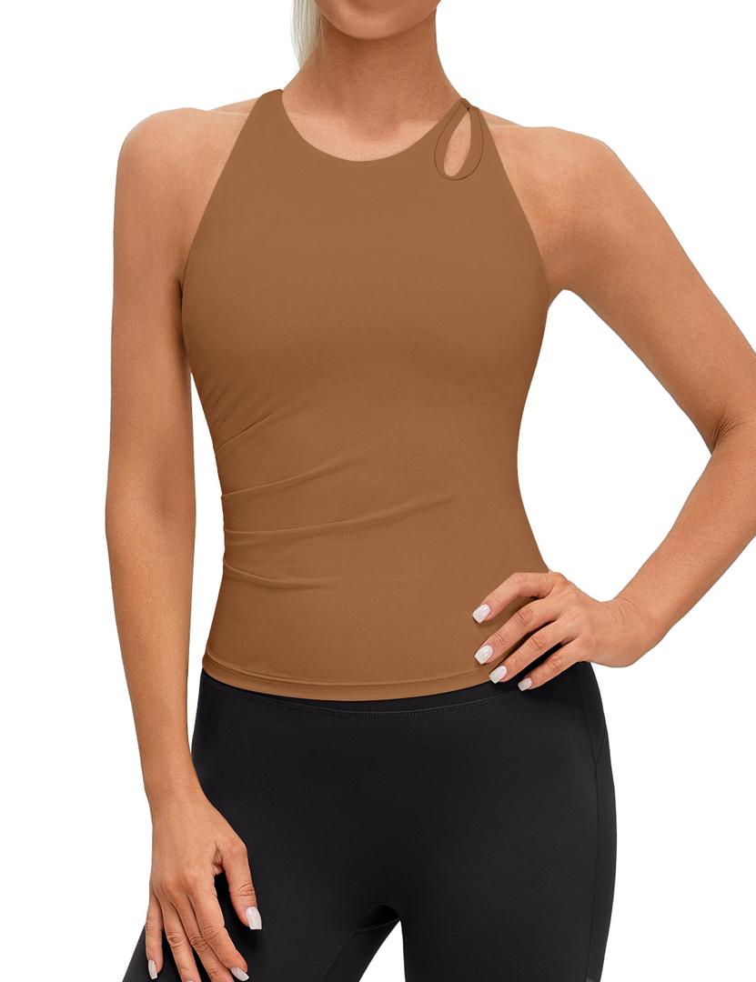 BMJL Womens Workout Tops Built in Bra Tank Top Sleeveless Yoga Gym Clothes (Brown, M)