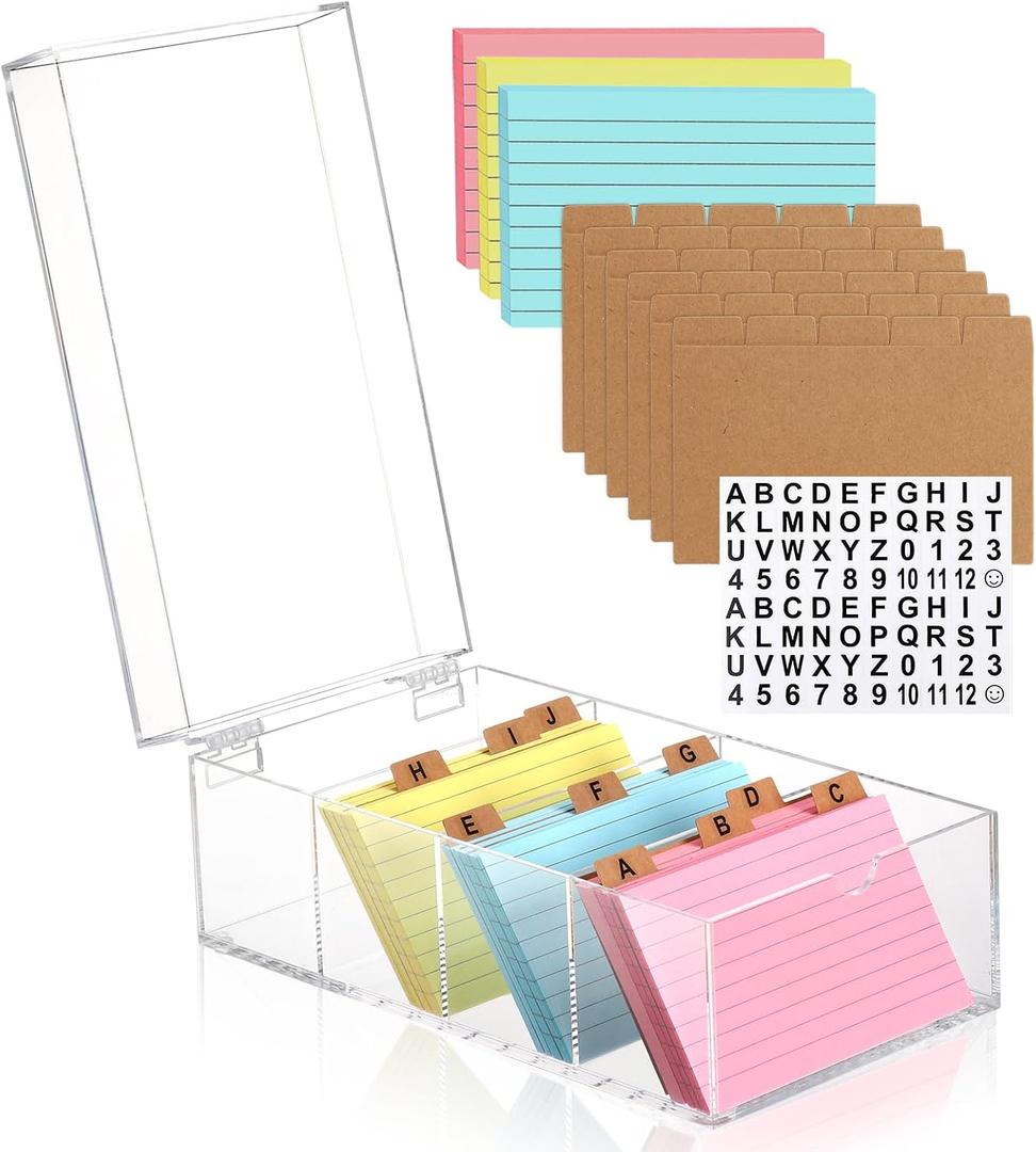 3 x 5 Inch Acrylic Index Card Holder Clear Index Card Box Note Card Organizer with 150 Ruled Lined Index Cards 30 Kraft Dividers A-Z Stickers 4 Dividers for Holds 600 Cards Tabs Note Recipe Cards
