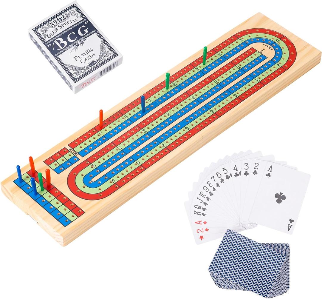 Cribbage Board Game Set - Complete Cribbage Kit for 2-4 Players - Includes 9 Pegs, Deck of Playing Cards & Continuous 3 Track Board - Perfect for Family Game Night & Travel (Ages 8+)