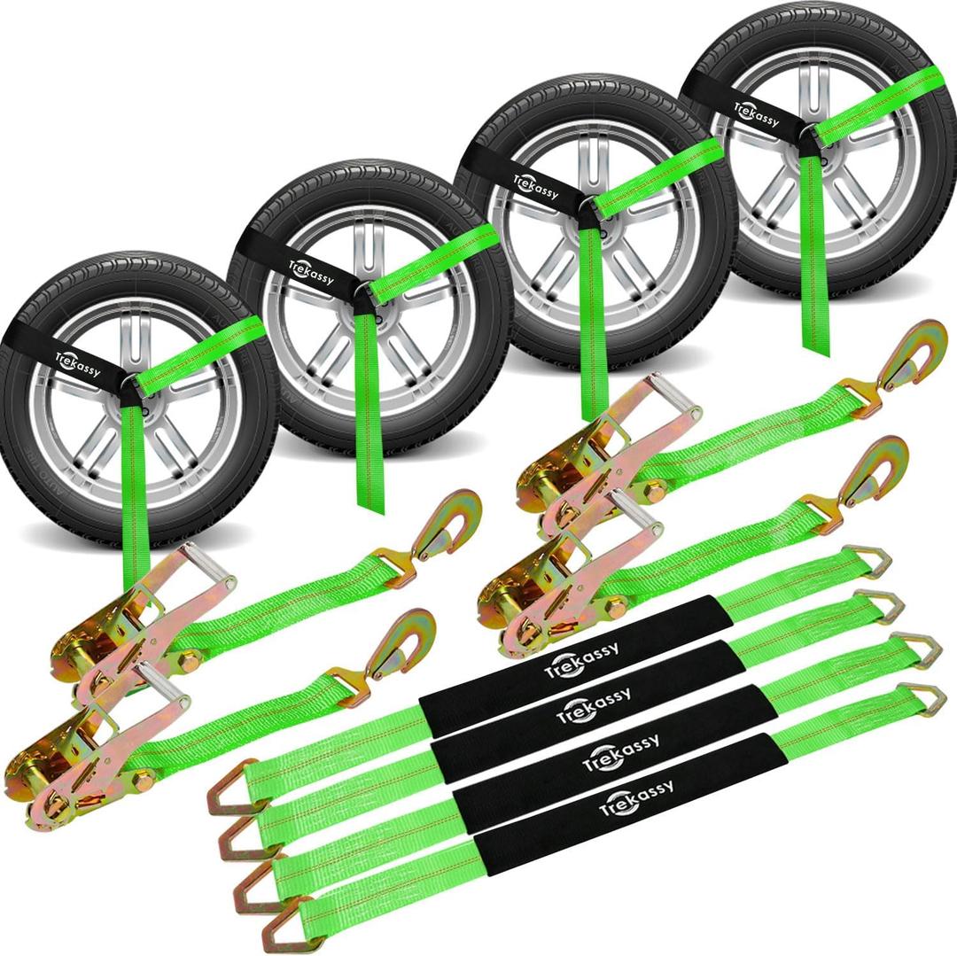 Trekassy 2in x 12ft Car Tie Down Straps for Trailers with Snap Hooks, 10,000lbs Break Strength, (4) Car Hauler Straps with Ratchets, (4) Axle Straps- Used for Car, Truck, UTV Transport