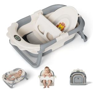 MoreFeel Foldable Baby Bathtub with Thermometer - 4-in-1 Grow-with-Me Collapsible Infant Tub (Newborn to Toddler) with Adjustable Mesh Sling - Space Saving Design