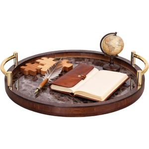 13.9813.98Round Decorative Tray with Gold Handles Wood Decorative Serving Tray for Living Room Coffee Table Kitchen Counter Home Decor, Brown Marble-Like Pattern (14")